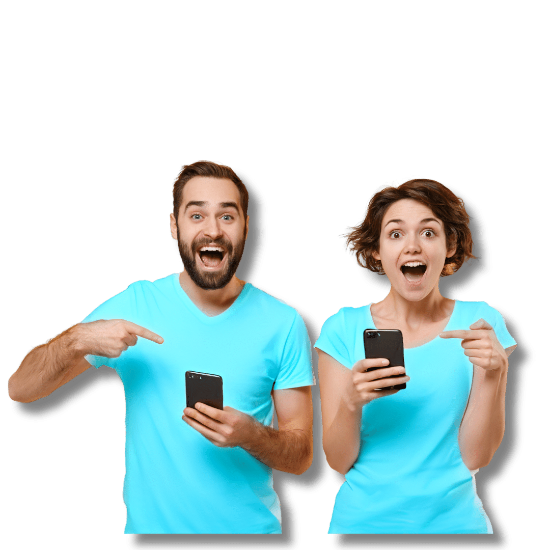 Contact A guy and girl pointing at their cell phones