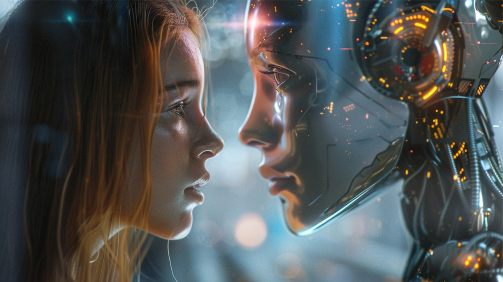 AI & Marketing A 3D rendering of a human girl looking into the eyes of an AI robot<br />