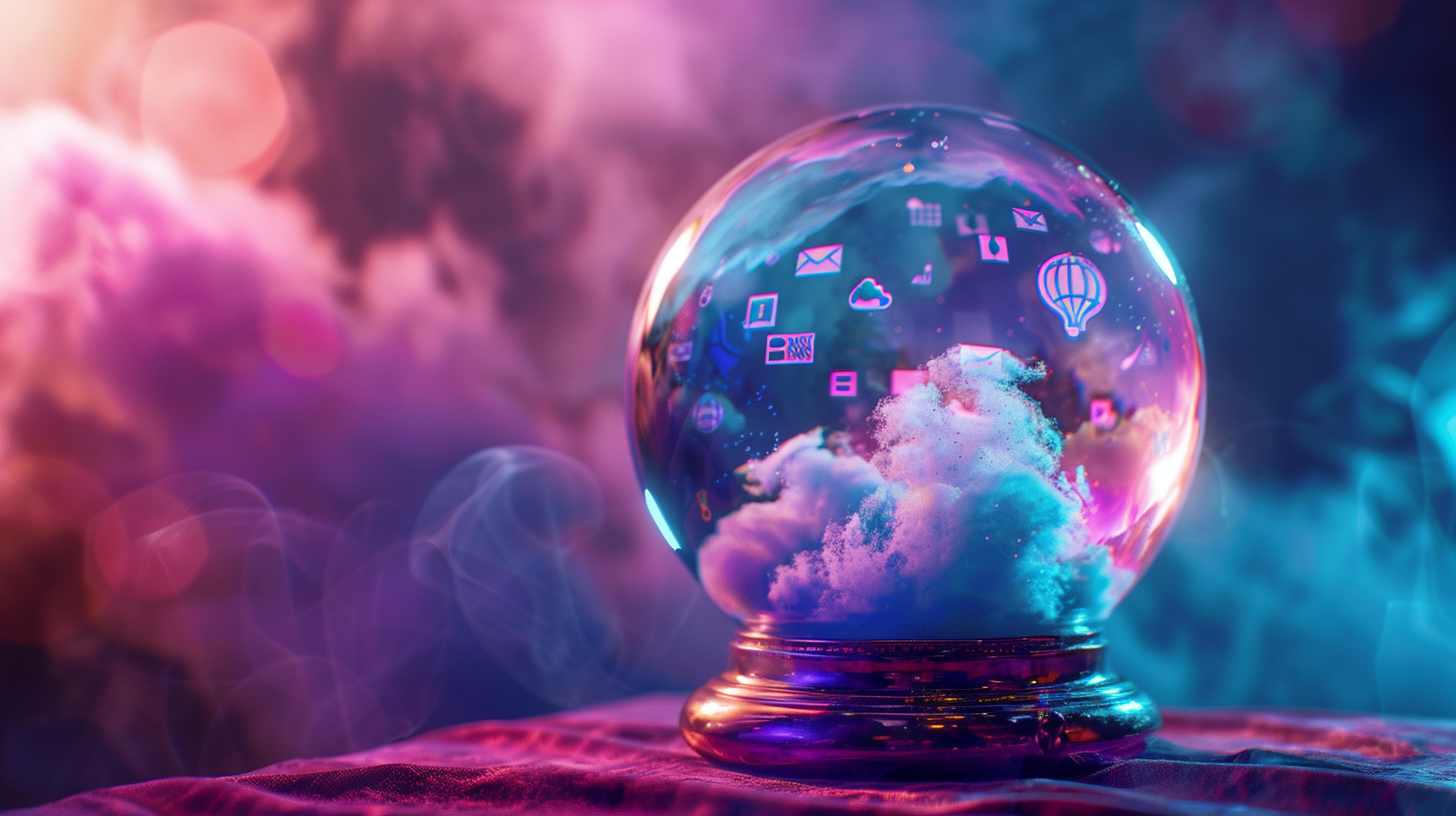 Crystal Ball A crystal ball rests on a velvet table cloth, with clouds and marketing icons floating within the ball.