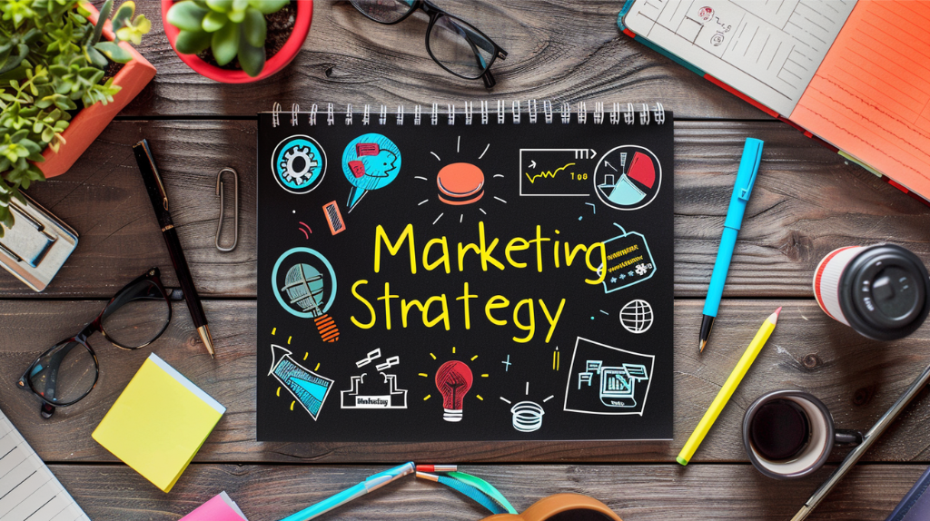 Marketing Strategy A desk with various pencils, cups, and plants surrounding a planner with the words Marketing Strategy on it.