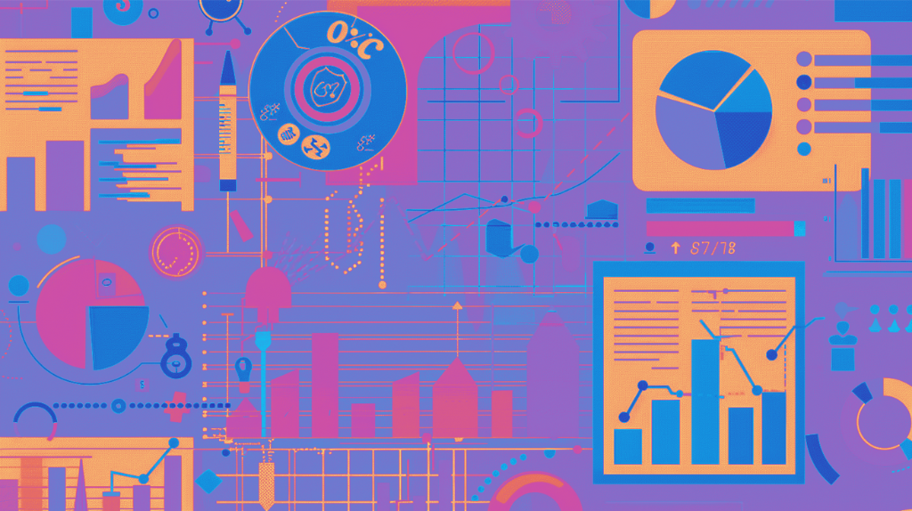 ROI Various illustrations of Marketing charts and graphs in purples, pinks, and gold colors.