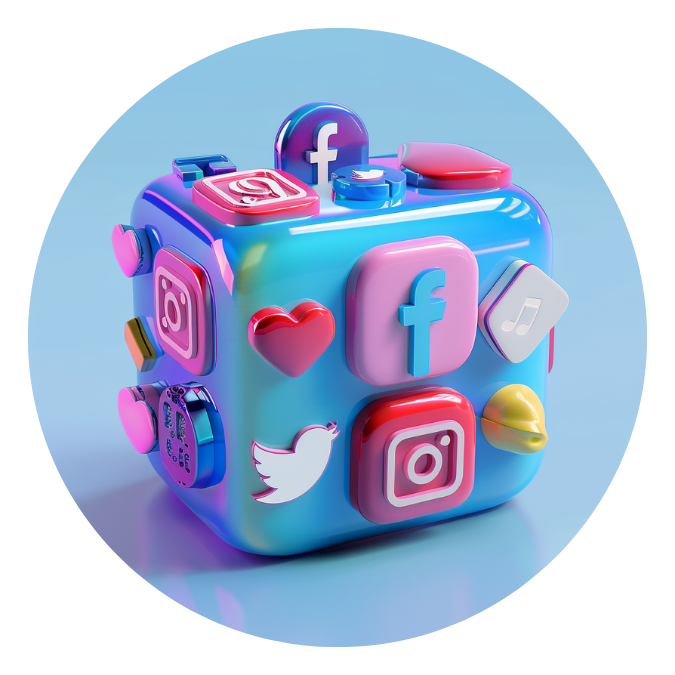 A 3D cube with various social media icons on it.