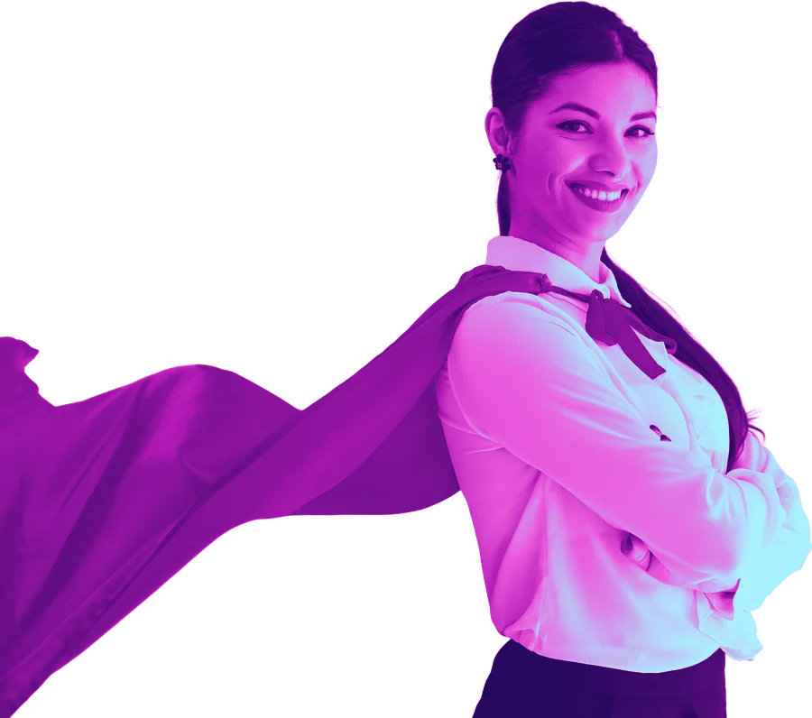 Smiling businesswoman wearing a superhero cape